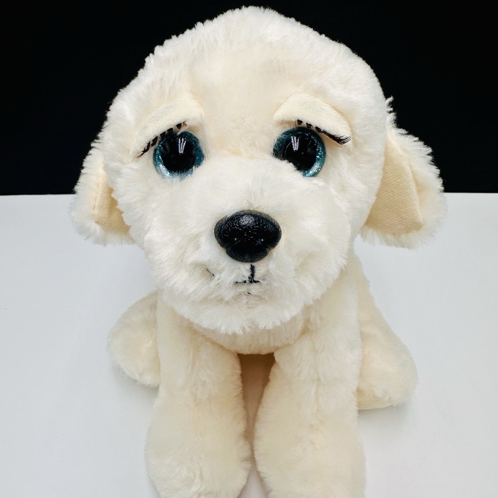 White Puppy Dog Plush W/ Blue Eyes And Eyelashes Stuffed Animal 10" Unbranded